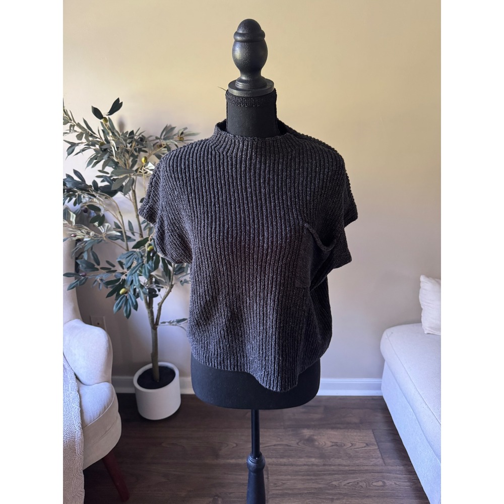 Free People Beach Charcoal Grey Ribbed Knit Mock Neck Pocket Sweater Top Small